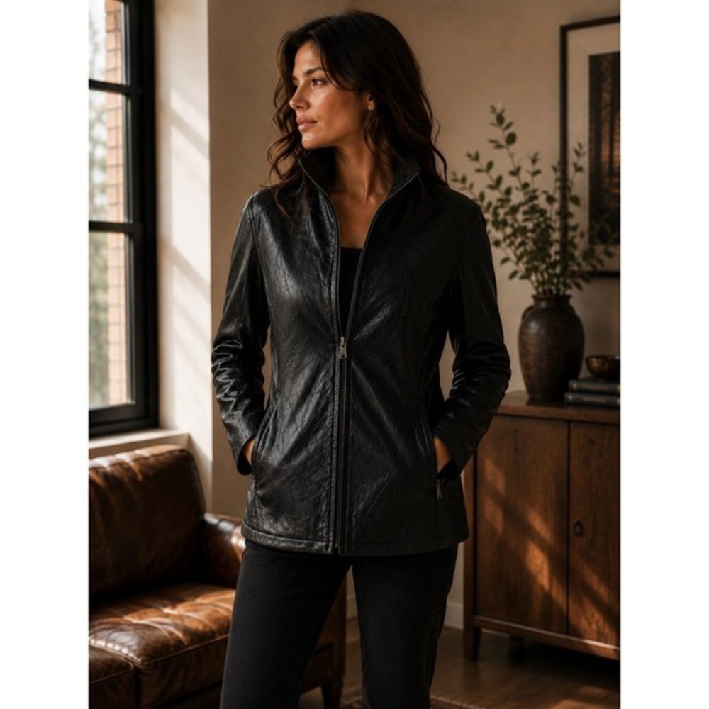 Cellini‎ Black Leather Patchwork Jacket XL Zip Front Moto Coat